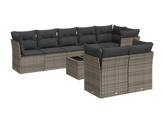 9-piece garden furniture set with grey resin wicker cushions