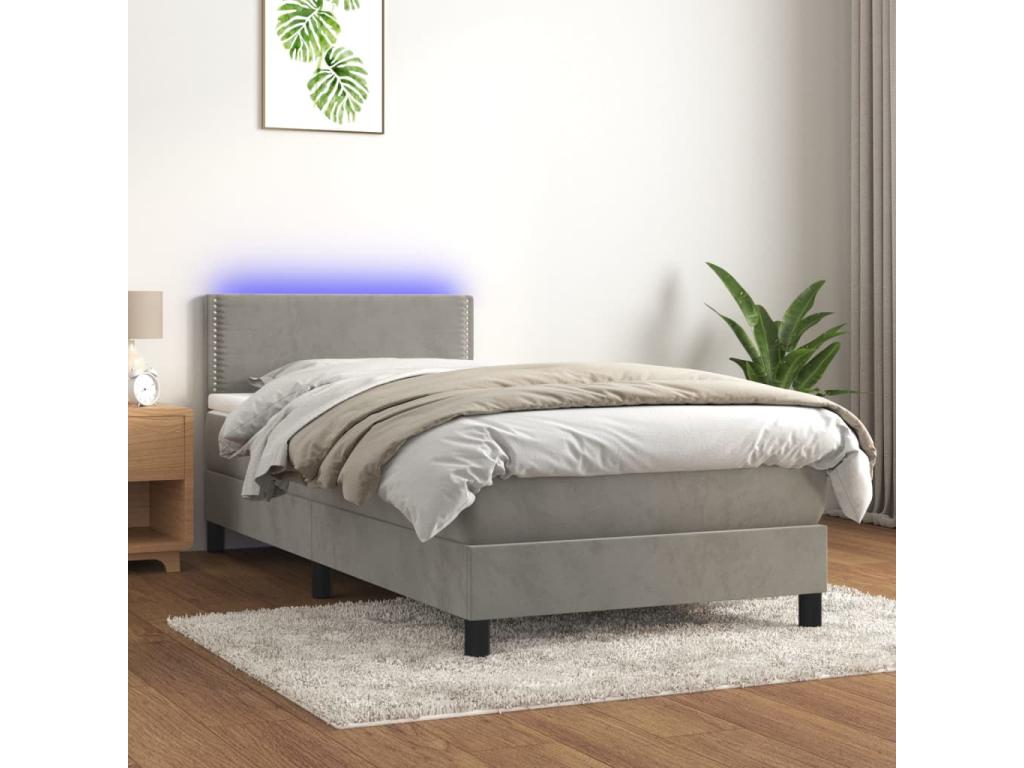 Upholstered bed base and mattress with LED lighting, light grey, 90x190cm, velvet