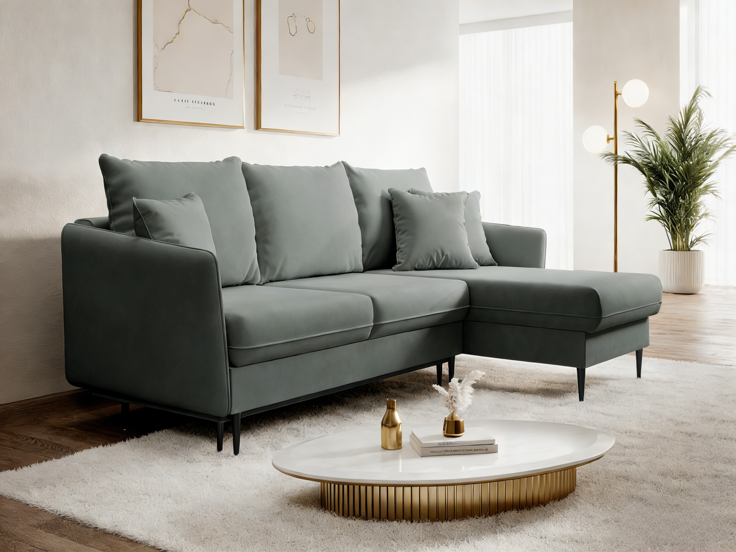 Corner sofa - 223 cm - with sleeping function - water-repellent velvet - grey - black legs -