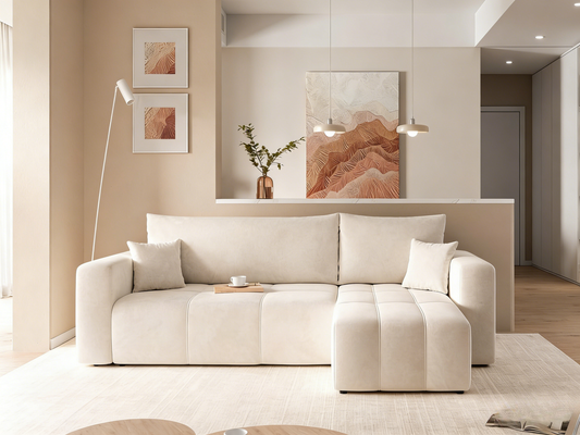 3-Seater Corner Sofa Bed with Storage Space in Beige Fabric