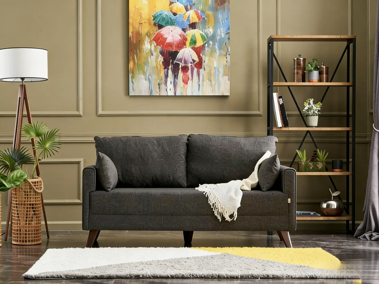 Small 2-seater sofa in dark grey fabric, 177cm