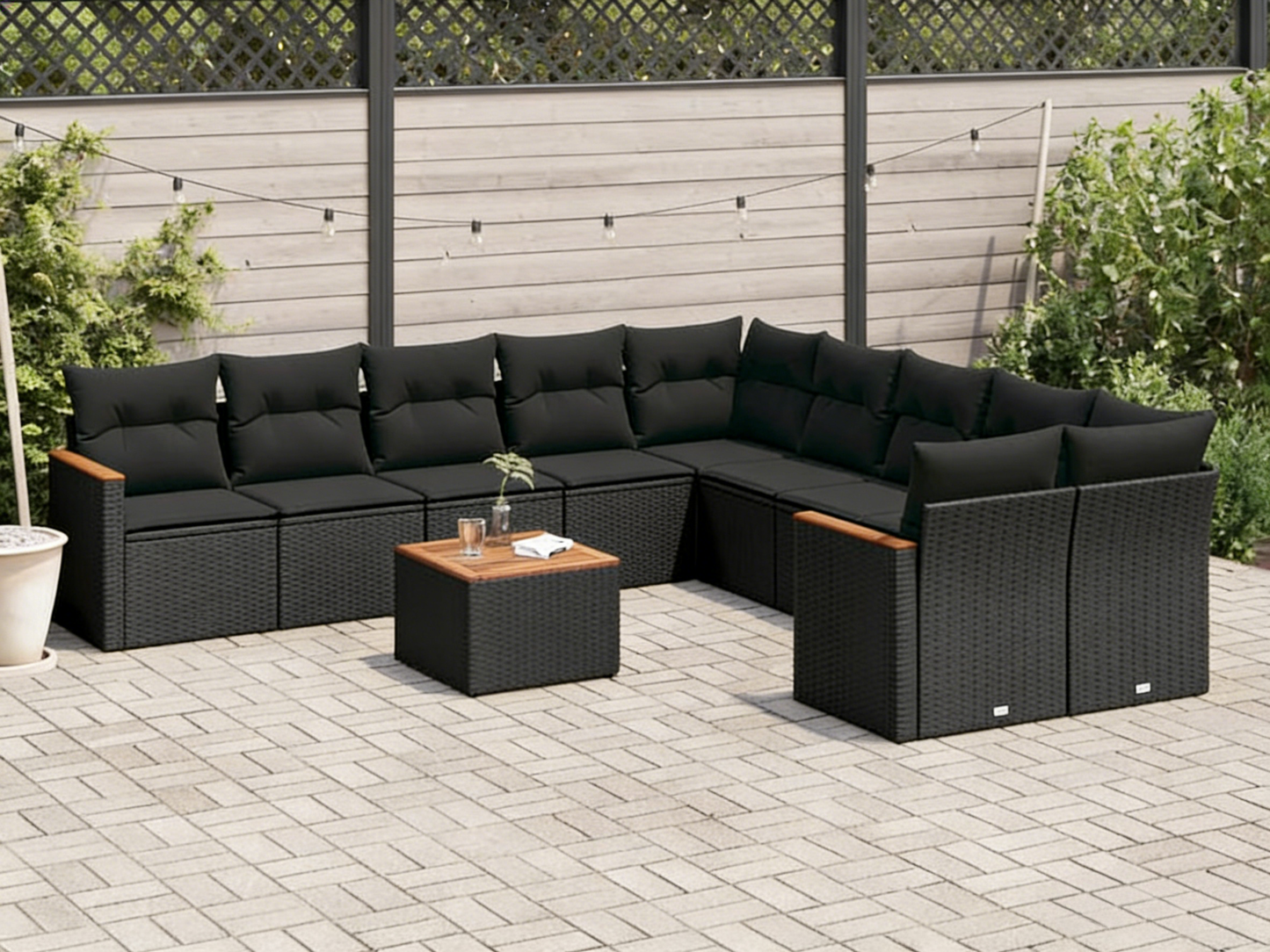 11-piece garden furniture set with cushions, black resin wicker