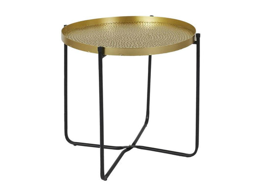 Side table, 50cm diameter, hammered gold metal top, black metal legs