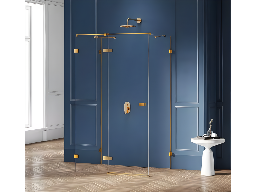 Left-hand pivoting shower enclosure 110x110 cm, Gold Brushed finish, front access