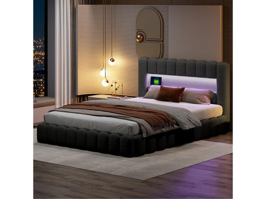 Double bed 140x200cm with storage, trundle bed with LED lighting, grey linen