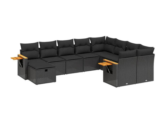 10-piece garden furniture set with cushions, black woven resin