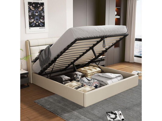 Elegant storage bed 160x200 cm - concealed headboard shelf - faux leather - slatted base - white