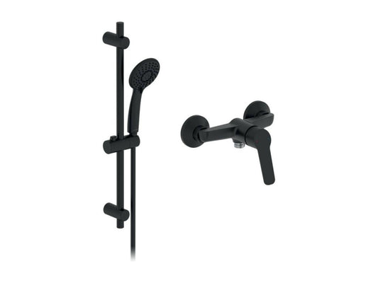 Black mechanical shower mixer pack with shower head and cleaning bar