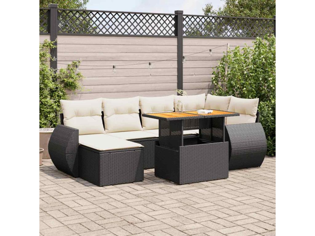 7-piece garden furniture set with cushions, black woven resin