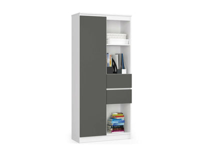 R15 White Office Bookcase, 80 cm, 1 Door, 2 Drawers, Graphite Grey Front, 7 Shelves, 80x35x180 cm