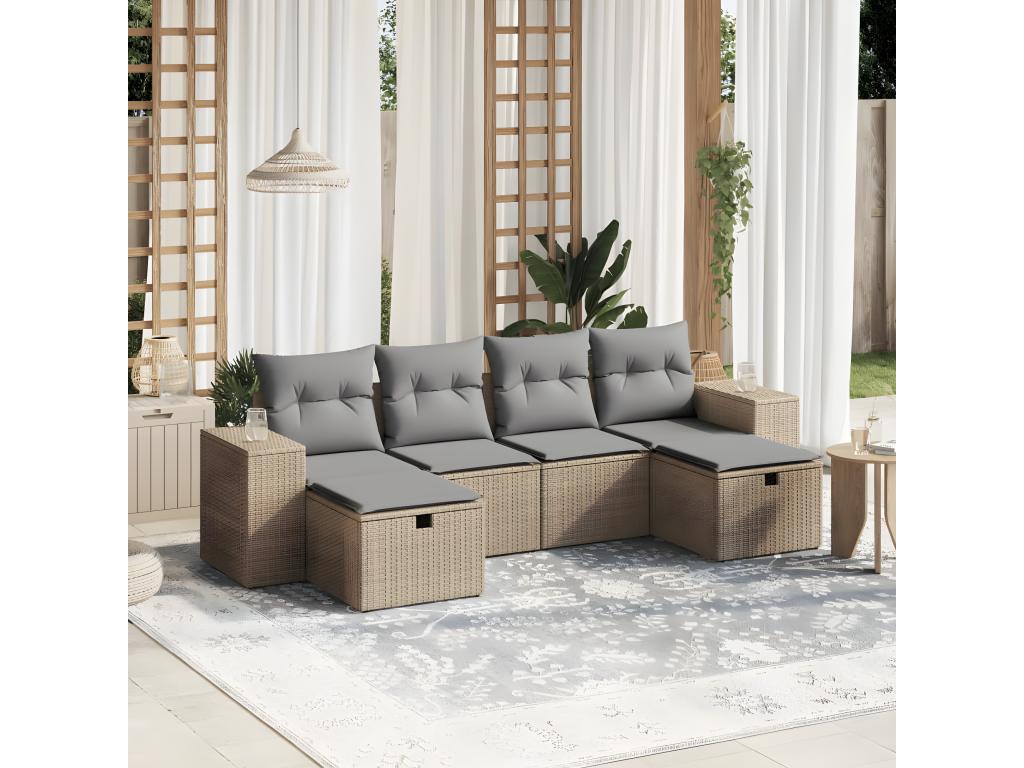 Garden furniture set with cushions, 6 pieces, méDekonao beige woven resin