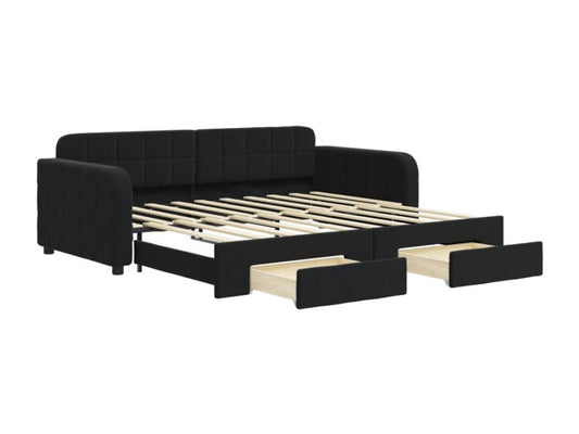 Daybed with trundle bed and drawers, black, 90x190 cm, velvet
