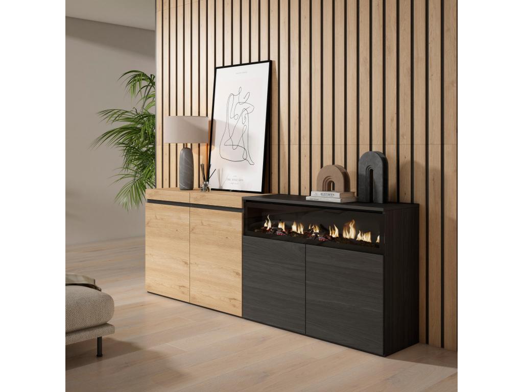 Sideboard for living room and kitchen, 200x75x35cm, 4 doors, electric fireplace