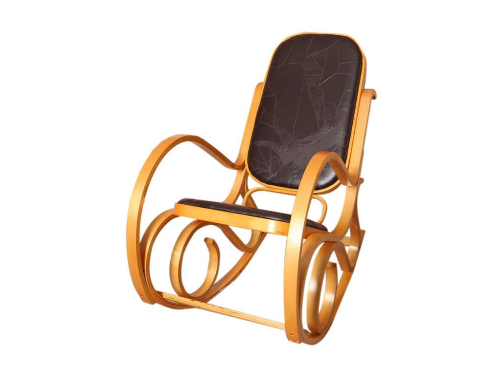 Rocking chair in imitation oak wood with brown leather seat