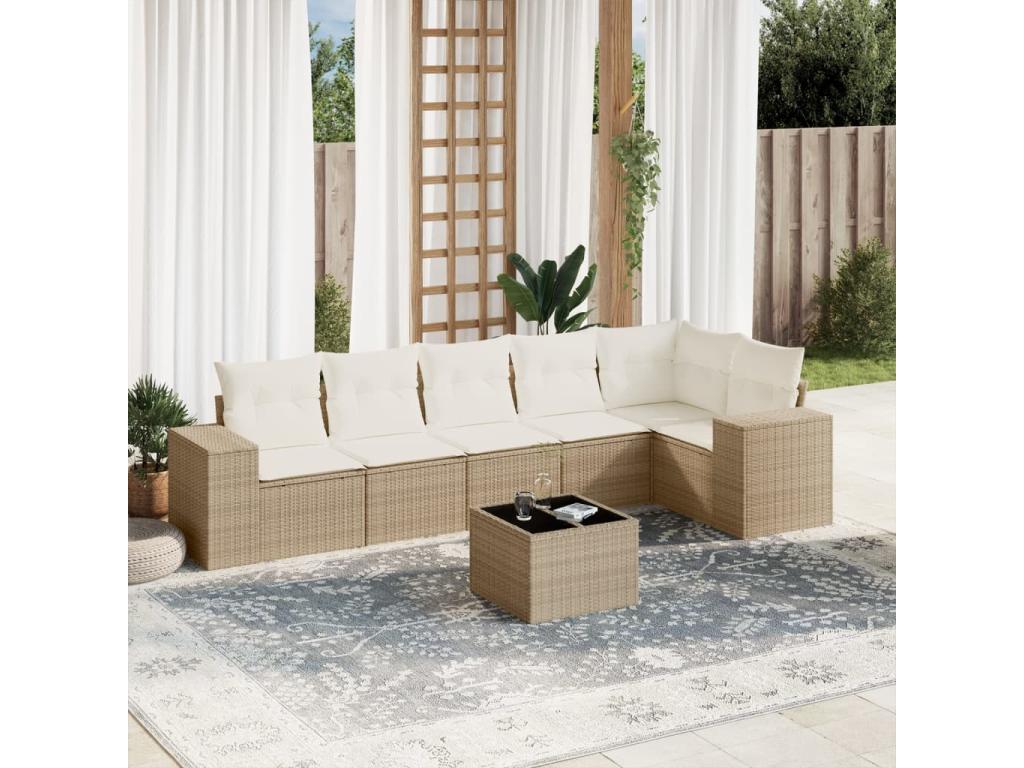 7-piece garden furniture set with cushions, beige woven resin