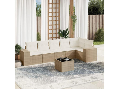 7-piece garden furniture set with cushions, beige woven resin