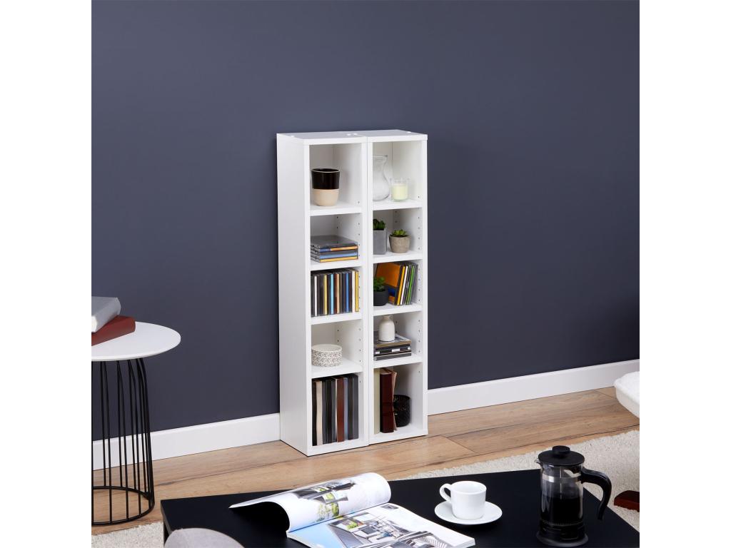 Modular Music Shelving Unit for CDs and DVDs, Set of 2 Column Storage Units with 10 Compartments in Matte White Melamine