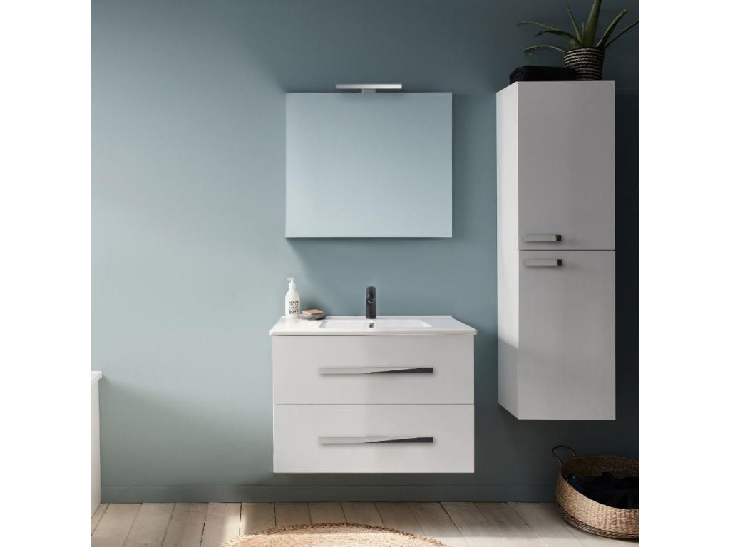 Up 80cm high-gloss white vanity unit with mirrored column and spotlights