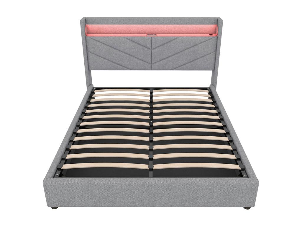 160x200 cm storage bed (mattress not included) with lamp, hydraulic system, USB port, hi-fi system, and grey linens.