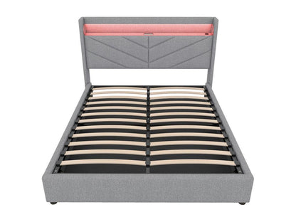 160x200 cm storage bed (mattress not included) with lamp, hydraulic system, USB port, hi-fi system, and grey linens.