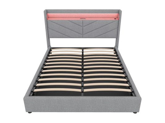 160x200 cm storage bed (mattress not included) with lamp, hydraulic system, USB port, hi-fi system, and grey linens.