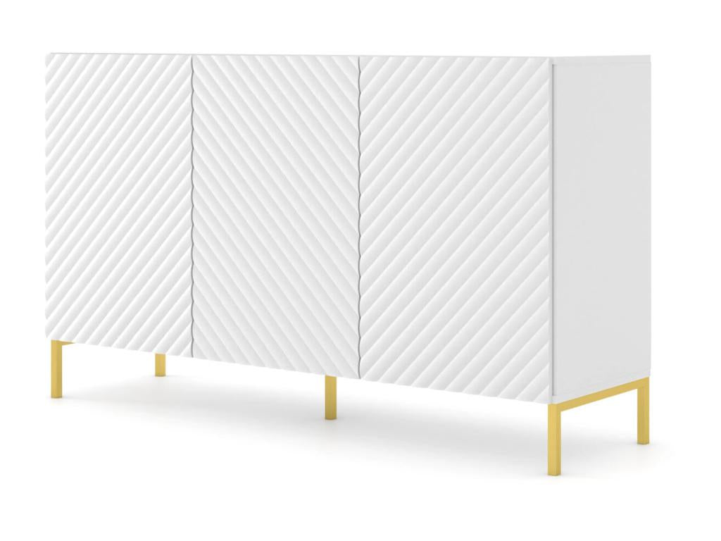 Chest of drawers 150 cm, 3D milled matte white, gold metal legs