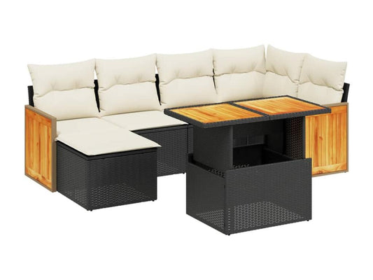 7-piece garden furniture set with cushions, black woven resin