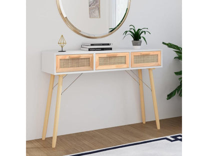 White console table 105x30x75 cm Solid pine wood / natural rattan
