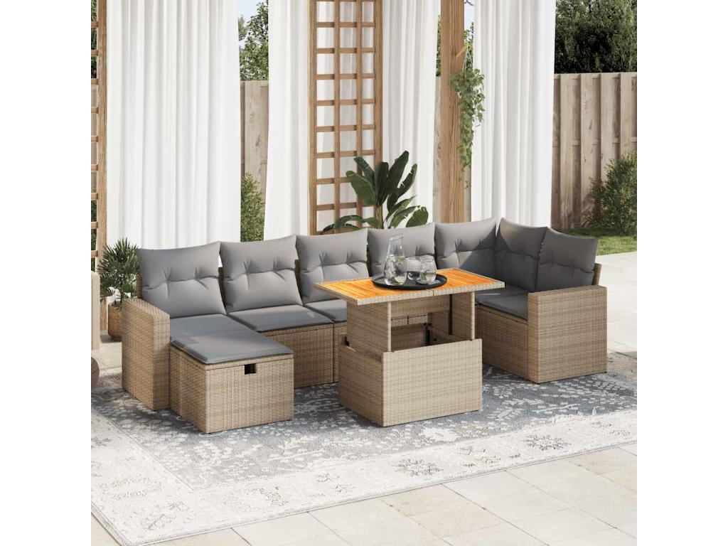 5-piece garden furniture set with cushions, beige woven resin