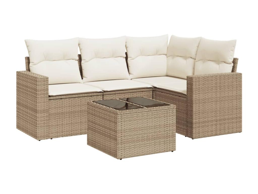 5-piece garden furniture set with cushions, beige woven resin