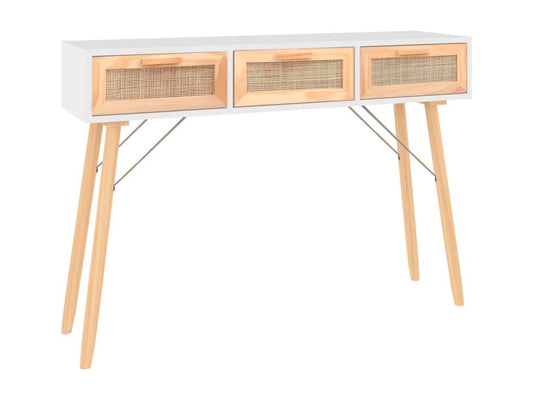 White console table 105x30x75 cm Solid pine wood / natural rattan