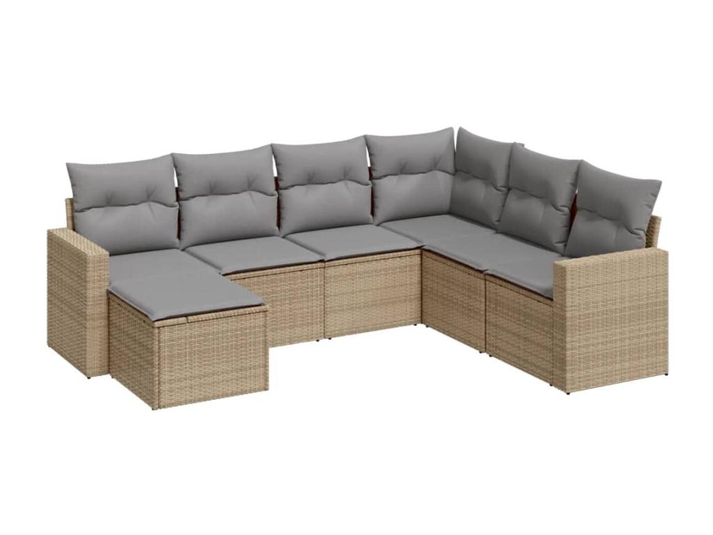 7-piece garden furniture set with cushions, beige woven resin