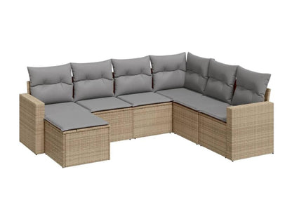 7-piece garden furniture set with cushions, beige woven resin