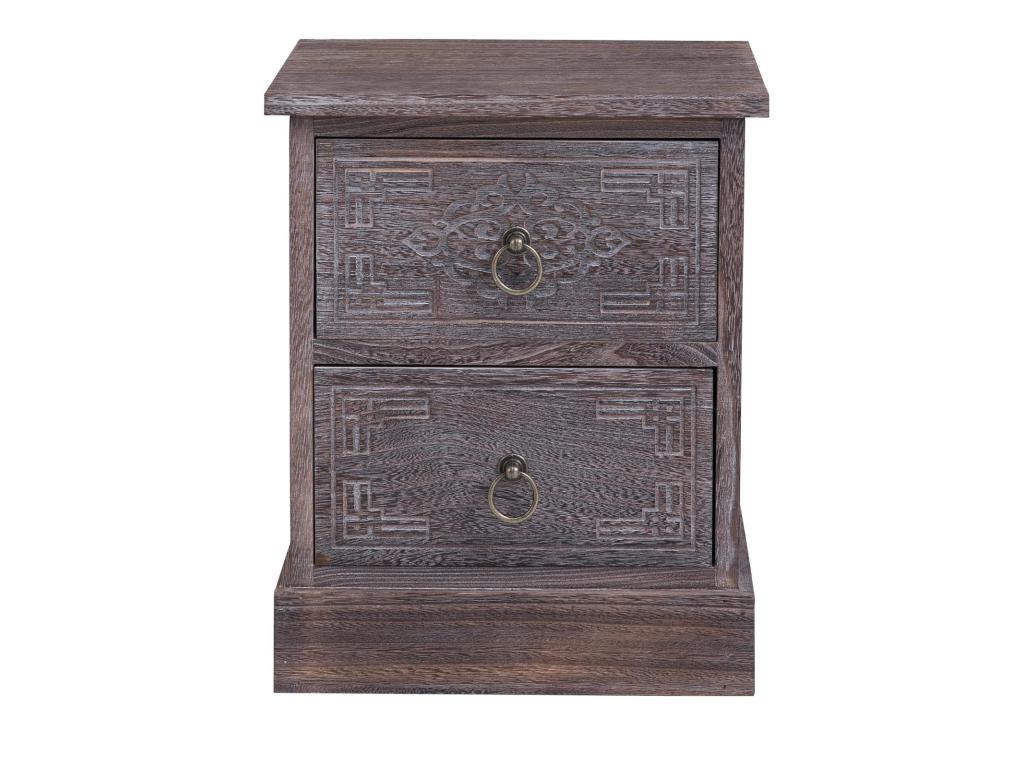 Bedside table/nightstand with 2 drawers in brown-grey paulownia wood, vintage ethnic bohemian style with engravings