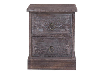 Bedside table/nightstand with 2 drawers in brown-grey paulownia wood, vintage ethnic bohemian style with engravings