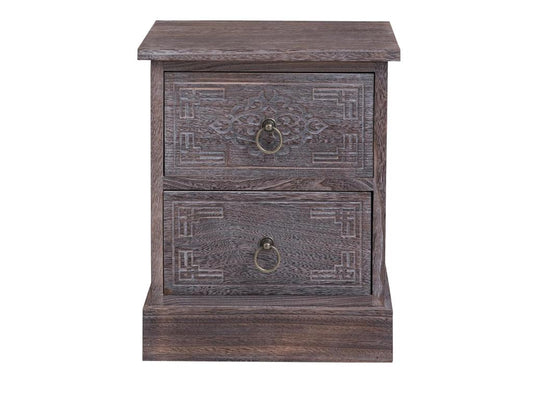 Bedside table/nightstand with 2 drawers in brown-grey paulownia wood, vintage ethnic bohemian style with engravings