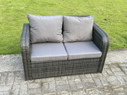 7-seater rattan garden furniture set with love sofa, stools, and coffee table. MéNobellea dark grey