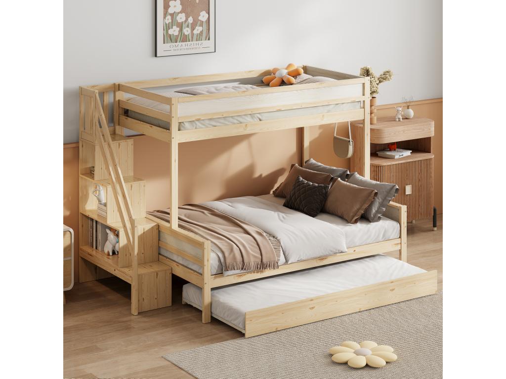 Children's bunk bed 90x200 and 140x200cm with trundle bed 90x190cm, slatted base with steps and shelf in natural wood