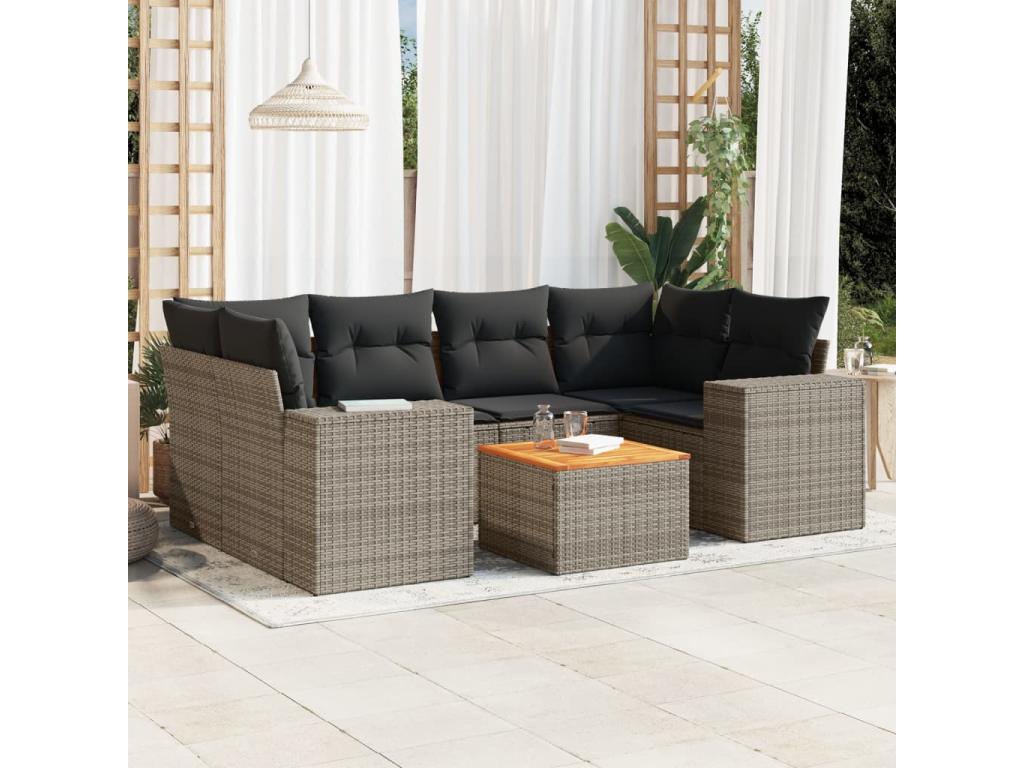 7-piece garden furniture set with cushions, grey woven resin