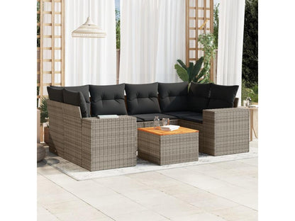 7-piece garden furniture set with cushions, grey woven resin