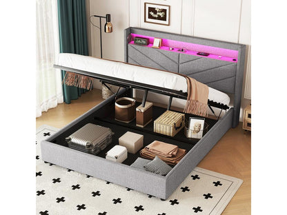 160x200 cm storage bed (mattress not included) with lamp, hydraulic system, USB port, hi-fi system, and grey linens.