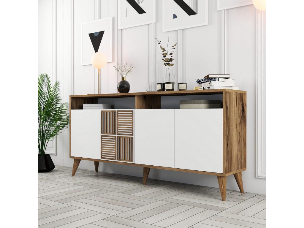 Low sideboard with 4 doors and 2 drawers, 160cm wide, wood and white