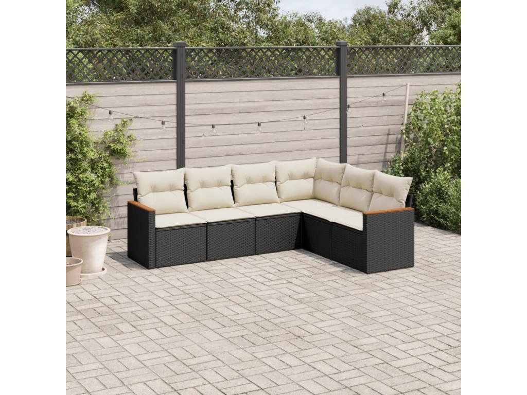 6-piece garden furniture set with cushions, black woven resin