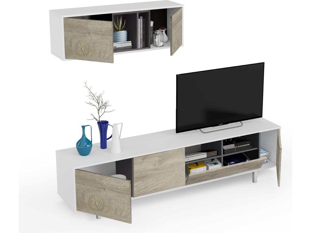 Two-piece TV unit set in white knotted oak finish - Height 47 x Length 200 x Depth 40 cm