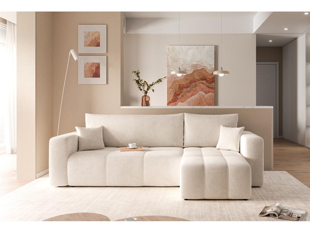 3-Seater Corner Sofa Bed with Storage Space in Beige Fabric