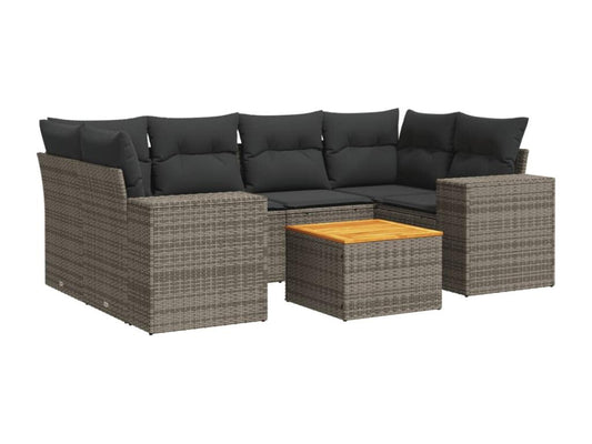 7-piece garden furniture set with cushions, grey woven resin