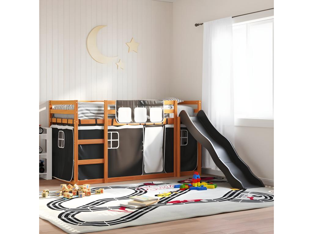 Bunk bed with slide and curtains, white and black, 80x200 cm
