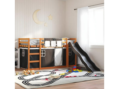 Bunk bed with slide and curtains, white and black, 80x200 cm