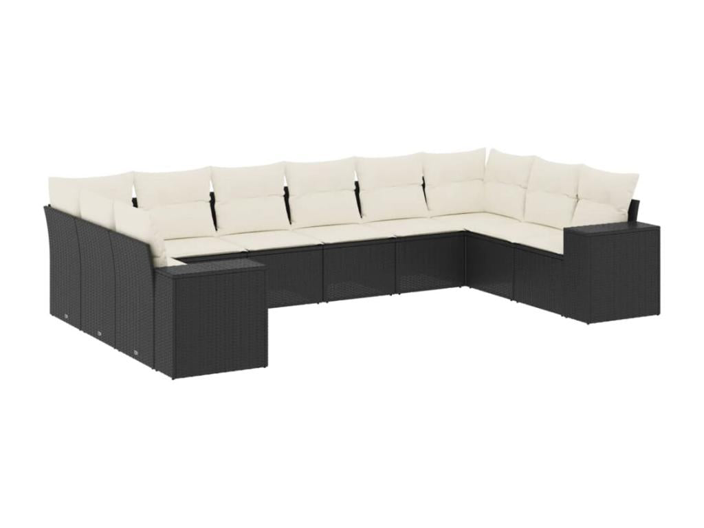 10-piece garden furniture set with cushions, black woven resin