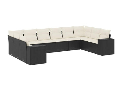 10-piece garden furniture set with cushions, black woven resin